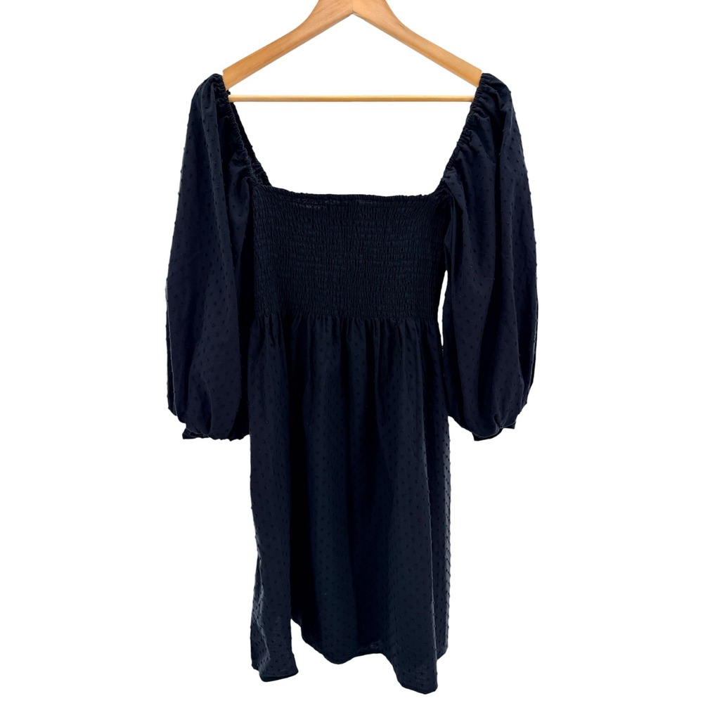 Kourt‎ Black Clip Dot Smocked Puff Sleeve Mini Dress Women XL Cotton Square Neck - Picture 8 of 8